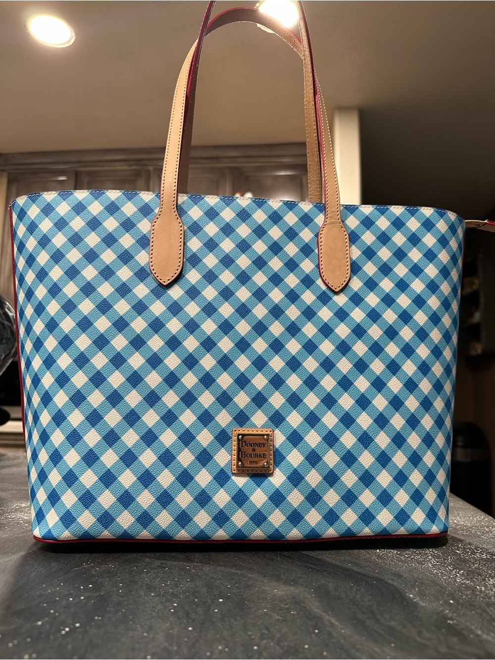 Dooney & Bourke Blue and White Gingham Tote with Tan Leather Trim